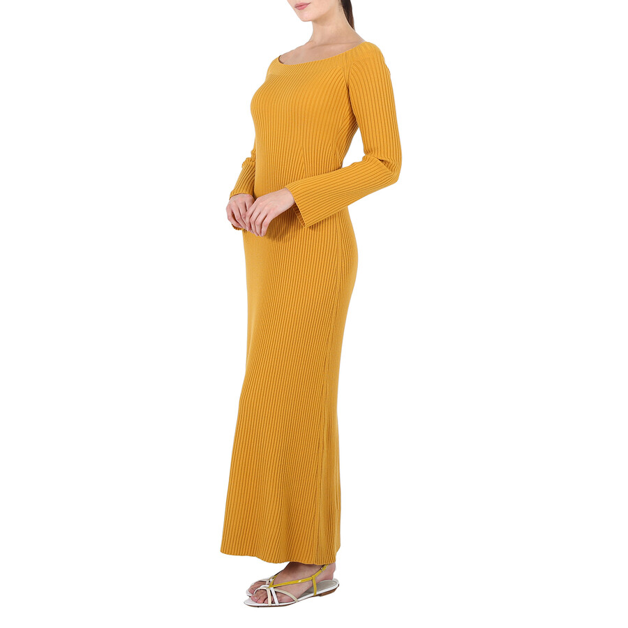 Shop Chloé Chloe Off-shoulder Ribbed Knit Maxi Dress In Yellow