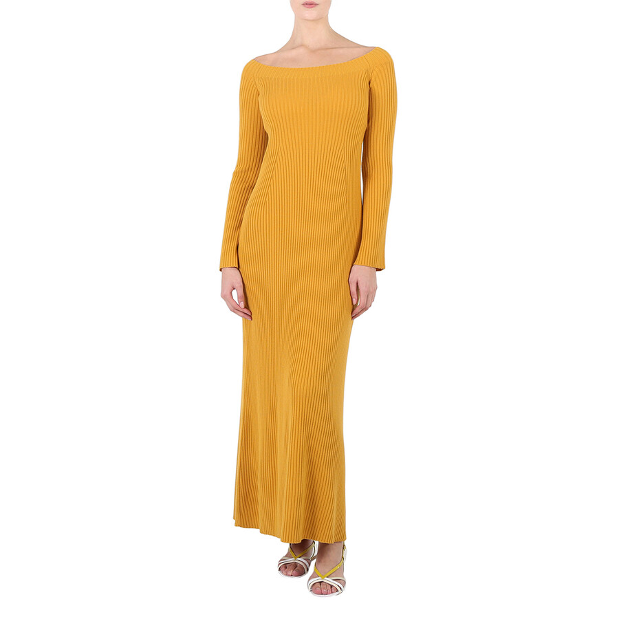 Shop Chloé Chloe Off-shoulder Ribbed Knit Maxi Dress In Yellow