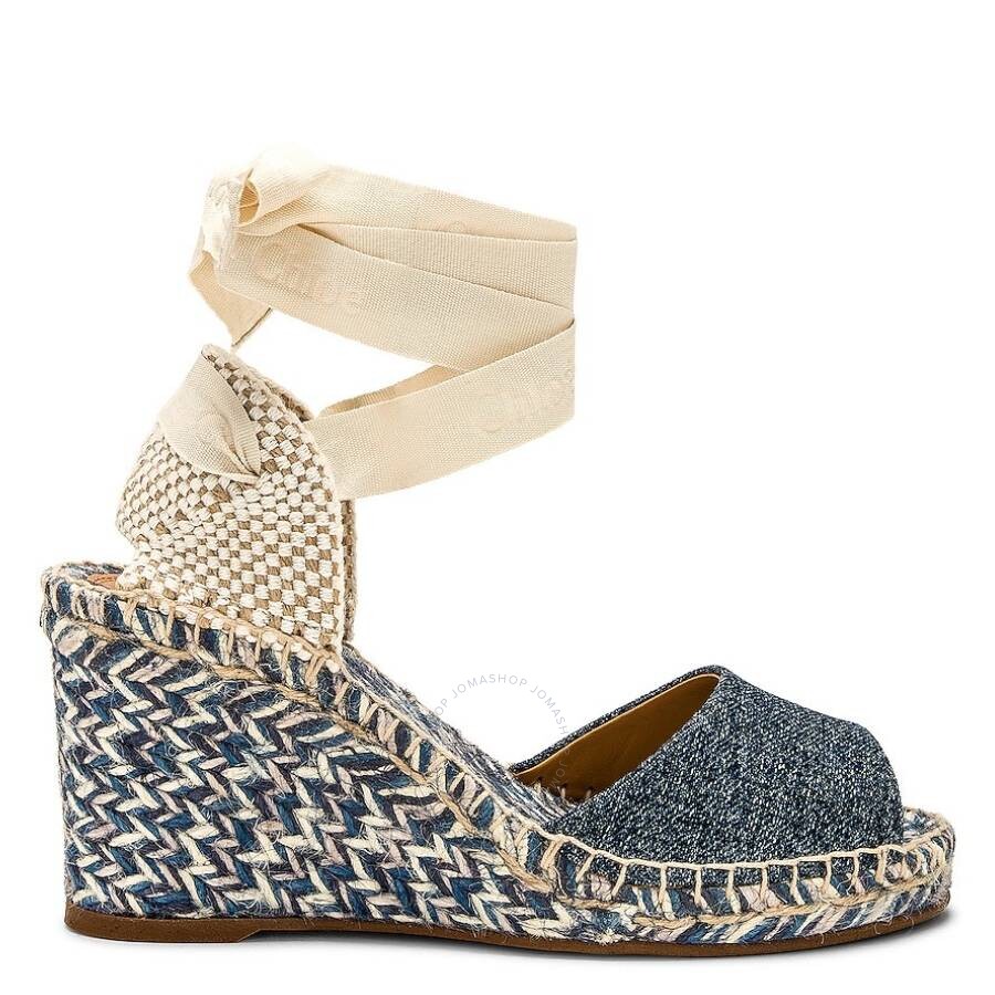 Chloé Piia Espadrille Wedge Blue Size 2 87% Cotton, 13% Hemp, Bovine Leather In Blue