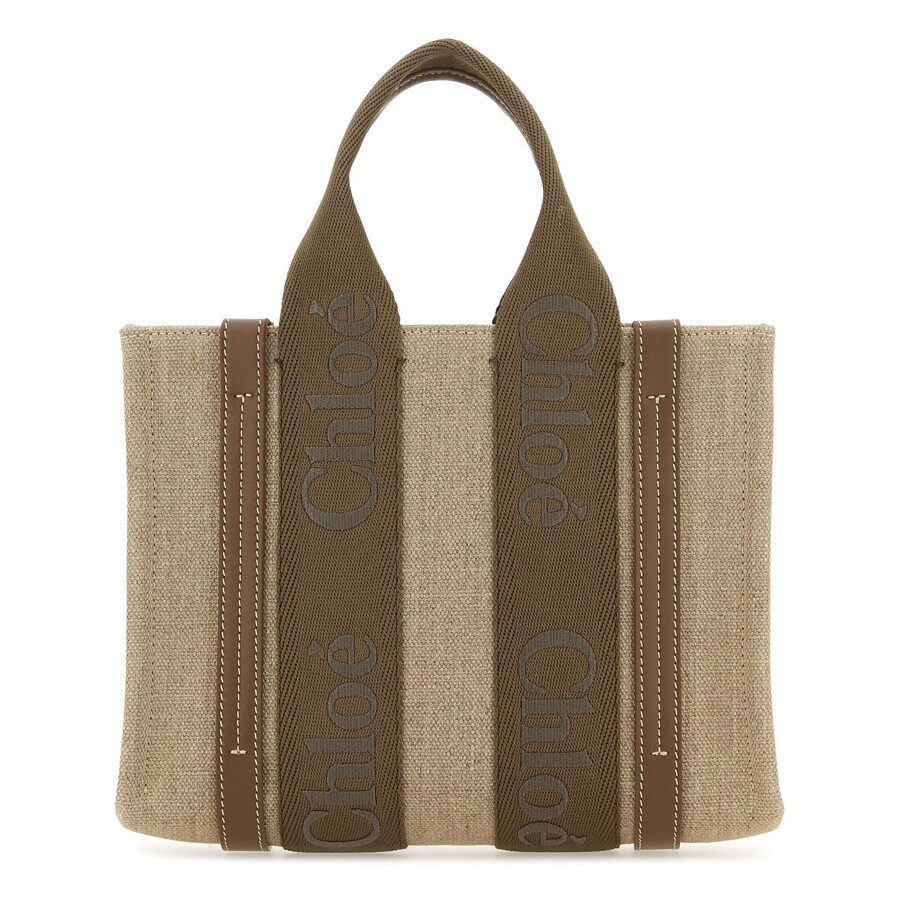 ★Chloe★25SS★スモール Linen Woody トートバッグ CHC23AS397L Chloé リネン製Woodyスモールトートバッグ の茶色