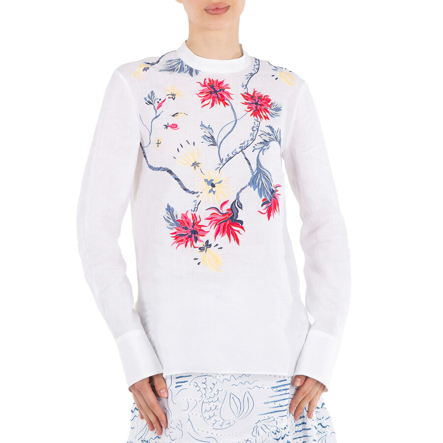 White Floral Embroidered Top In Linen Canvas