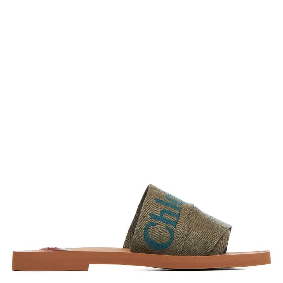 Chloé Woody Logo Flat Mules in Sweet Khaki, Brand Size 35