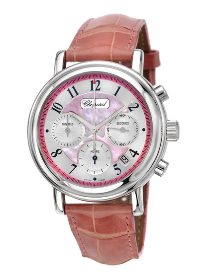 Chopard Mille Miglia Elton John AIDS Foundation Pink Mother of Pearl Dial Pink Alligator Automatic Ladies Watch 168331-11