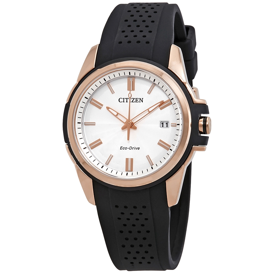 Citizen AR Silver Dial Ladies Black Silicone Solar Watch FE6133-09A