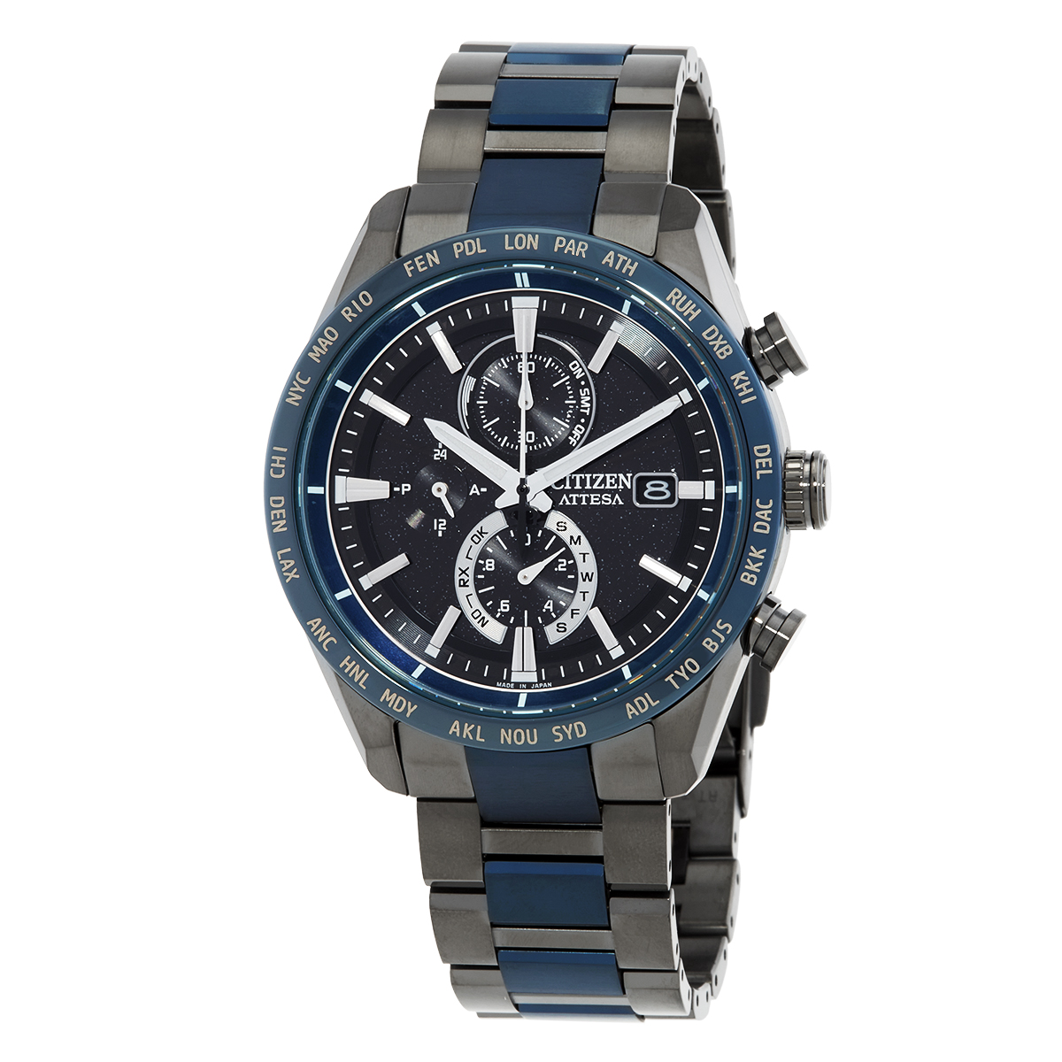 Citizen Perpetual Alarm World Time Chronograph GMT Black Dial Watch AT8187-75E