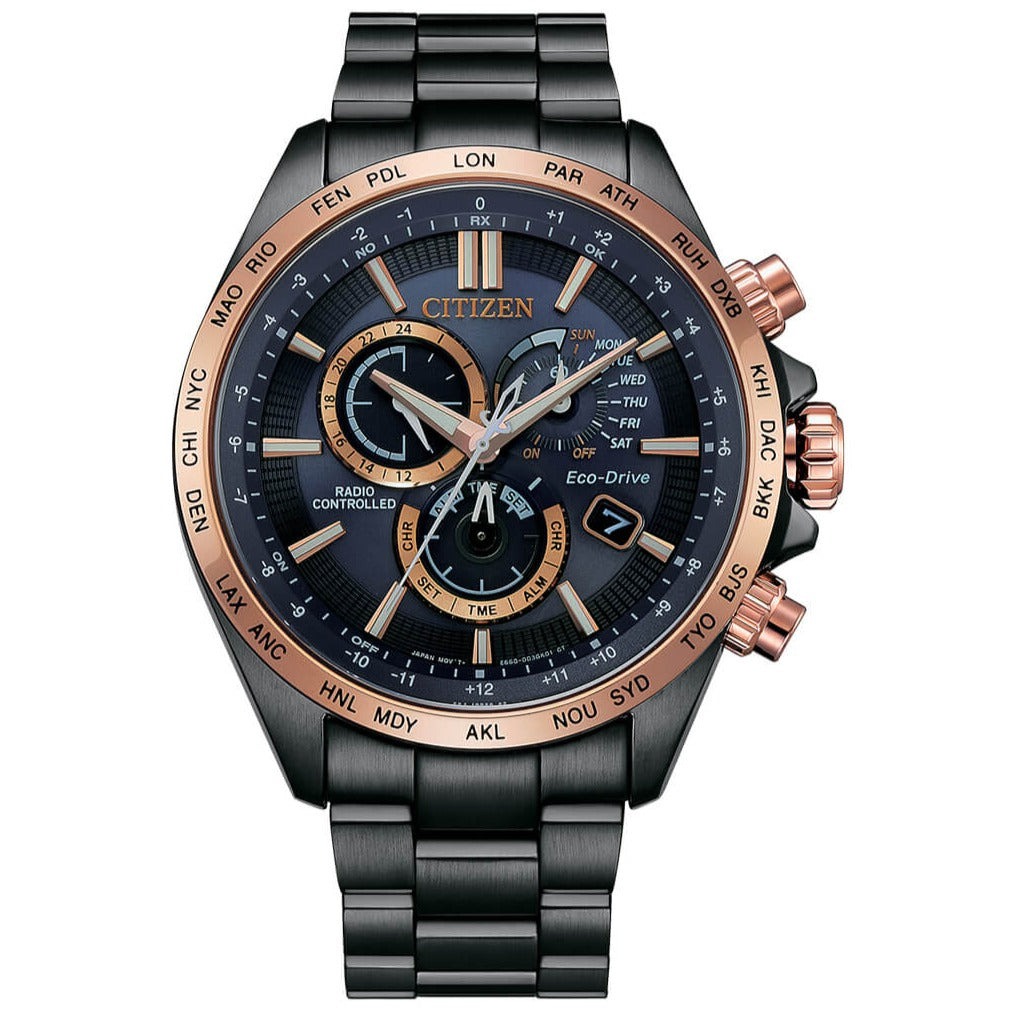 Citizen Perpetual Alarm World Time Chronograph GMT Eco-Drive Blue Dial Men's Watch CB5956-89L