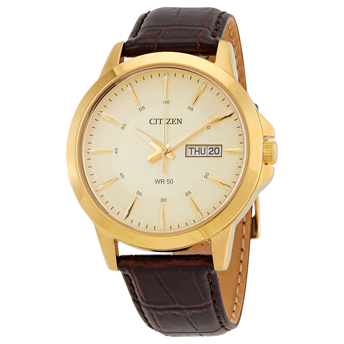 Citizen Quartz Champagne Dial Black Leather Men's Watch BF2013-05P