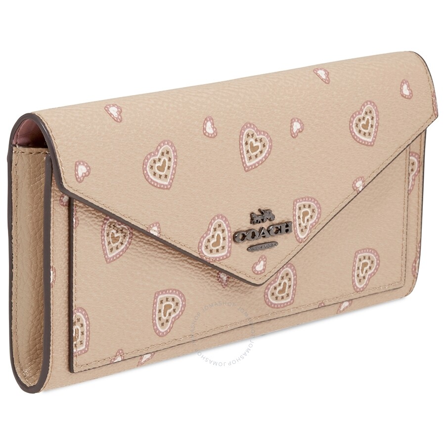Coach Ladies Continental Leather Wallet With Heart Print Beige Coach
