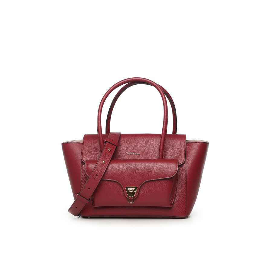 Coccinelle Double Beat Medium Leather Bag In Burgundy