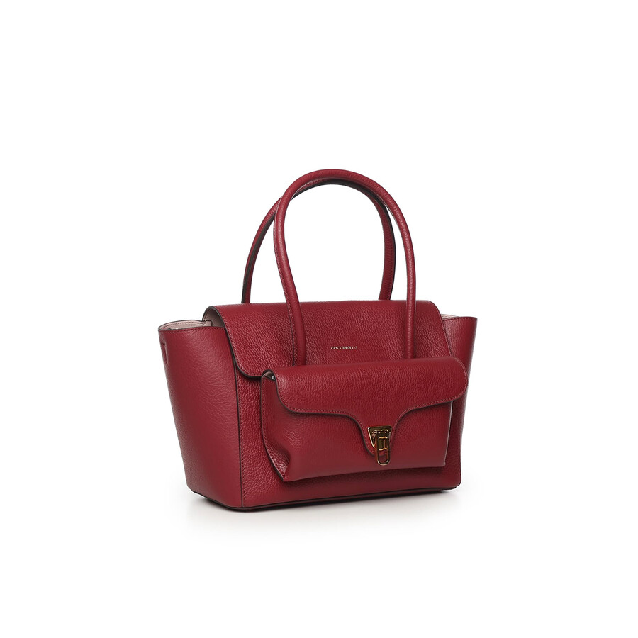 Coccinelle Double Beat Medium Leather Bag In Burgundy