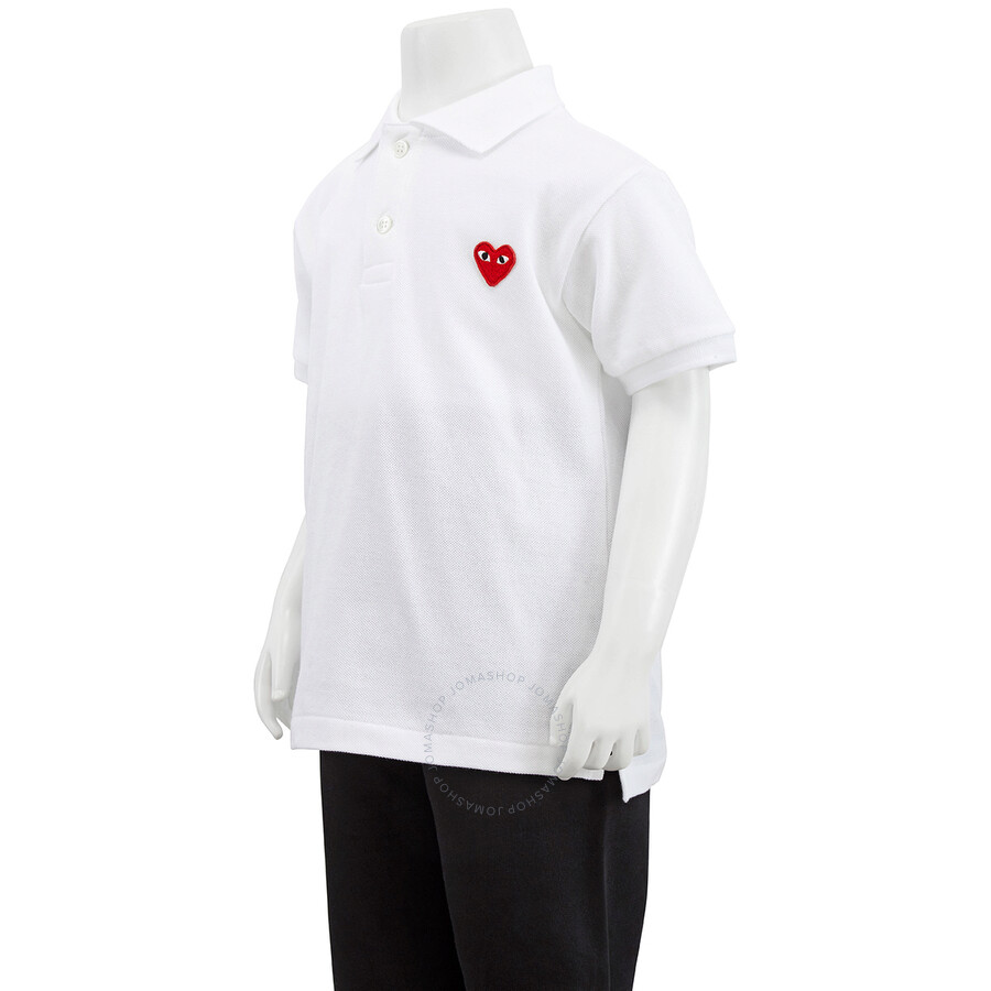 Shop Comme Des Garçons Comme Des Garcons Kids Short Sleeve Embroidered Heart Polo Shirt In White