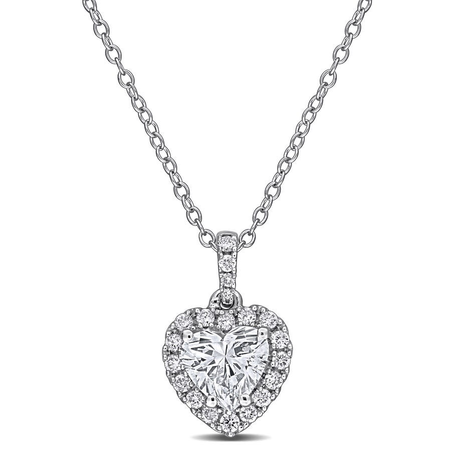 1 1/8CT TGW Heart and Round-Cut Lab Grown Diamond Halo Pendant with Chain in Sterling Silver - 17 in