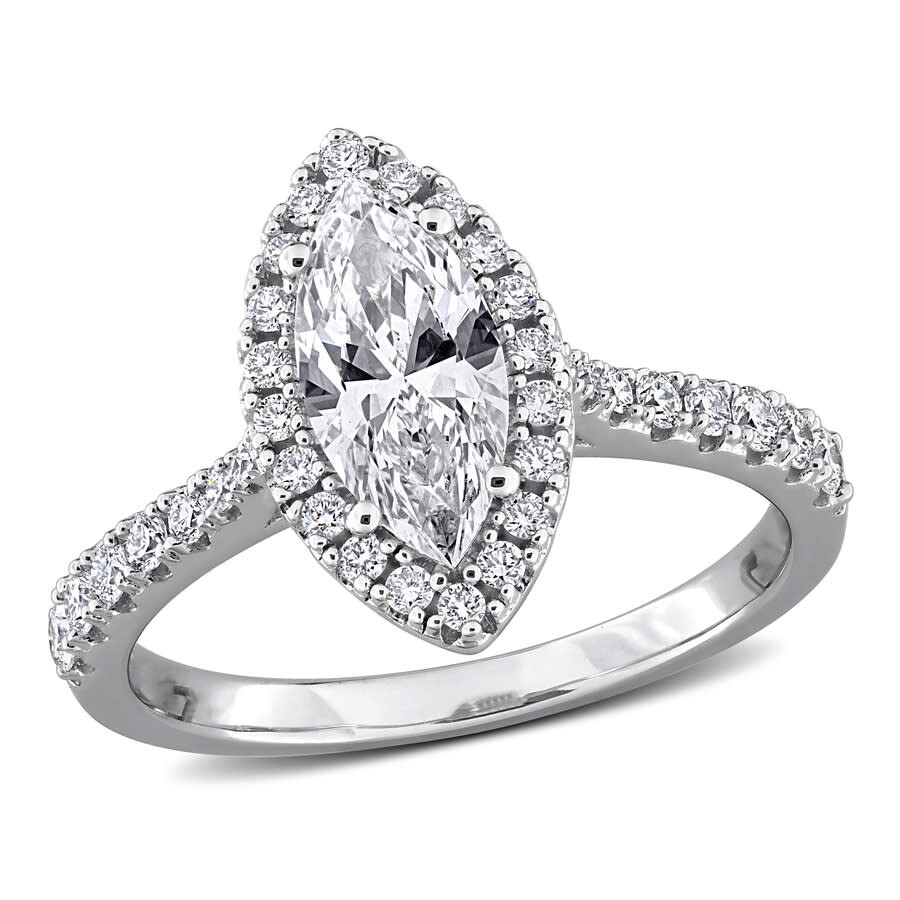 Created Forever 1 2/5ct Tgw Marquise And Round-cut Lab Grown Diamond Halo Engagement In Sterling Sil In Metallic