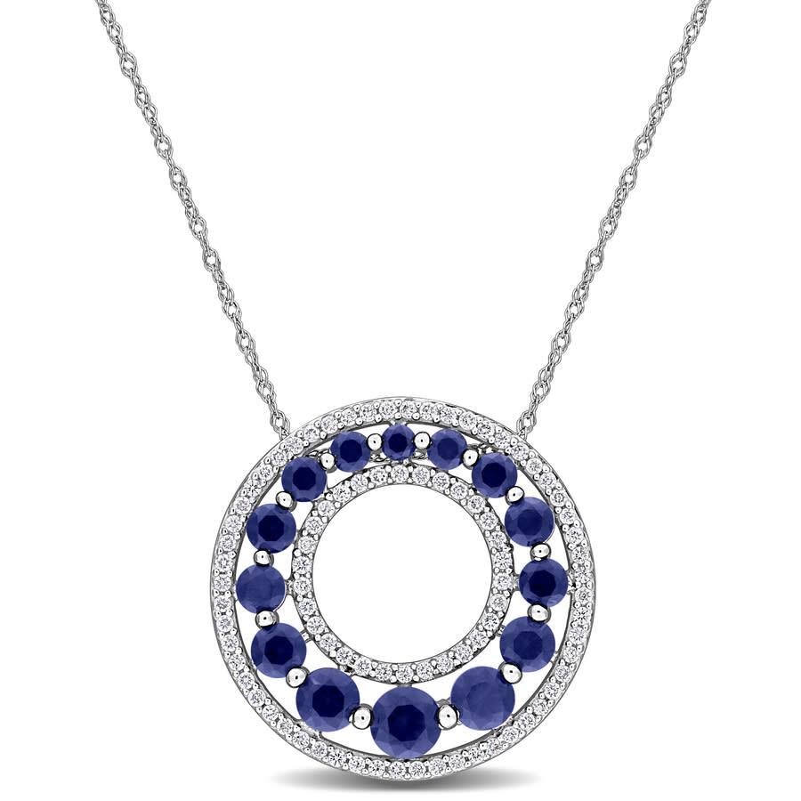 Created Forever 1 4/5ct Tgw Created Blue Sapphire And 1/3ct Tw Lab Grown Diamond Circle Pendant With In Metallic