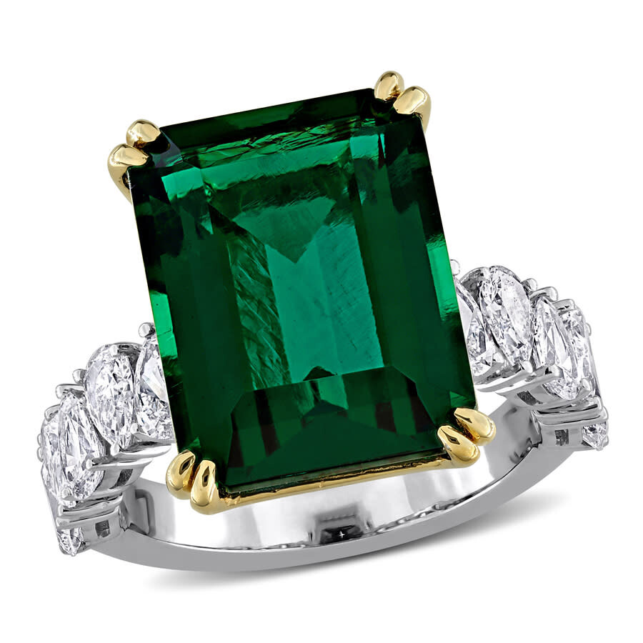 Created Forever 10 7/8ct Tgw Created Emerald And 1 1/2ct Two Lab-grown Diamond Cocktail Ring In 18k In Two Tone