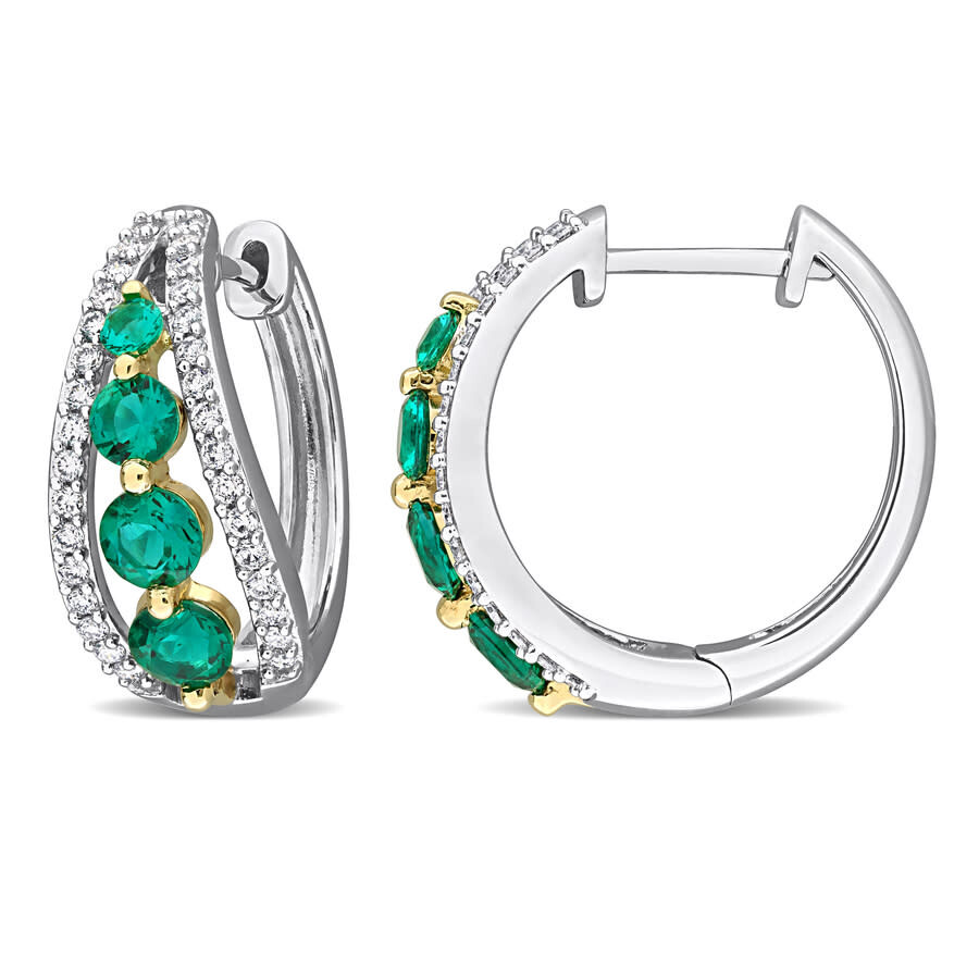 Created Forever 1/2 Ct Lab Grown Diamond Tw And 1 1/3 Ct Tgw Created Emerald Hoop Earrings 14k White In Metallic