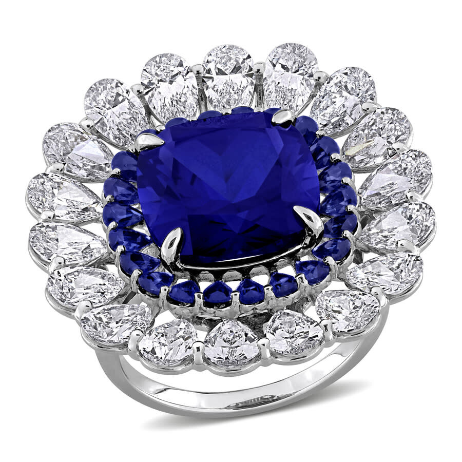 Created Forever 13 3/8ct Tgw Created Blue Sapphire And 4 4/5ct Tw Lab Grown Diamond Floral Ring In 1 In White