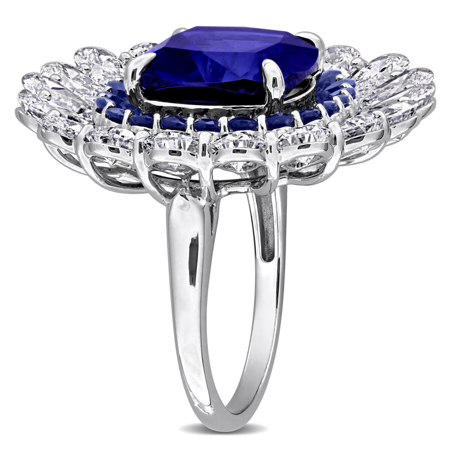 Created Forever 13 3/8ct Tgw Created Blue Sapphire And 4 4/5ct Tw Lab Grown Diamond Floral Ring In 1 In White