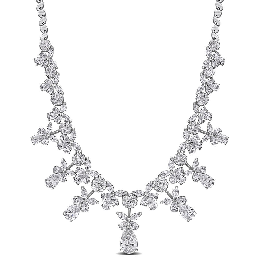 Created Forever 15 1/4ct Multi-shaped Lab Grown Diamond Graduated Bib-style Floral Necklace In 14k W In Metallic
