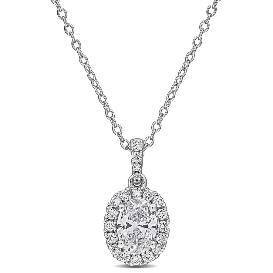 1CT TGW Oval and Round-Cut Lab Grown Diamond Halo Pendant with Chain in Sterling Silver - 17 in