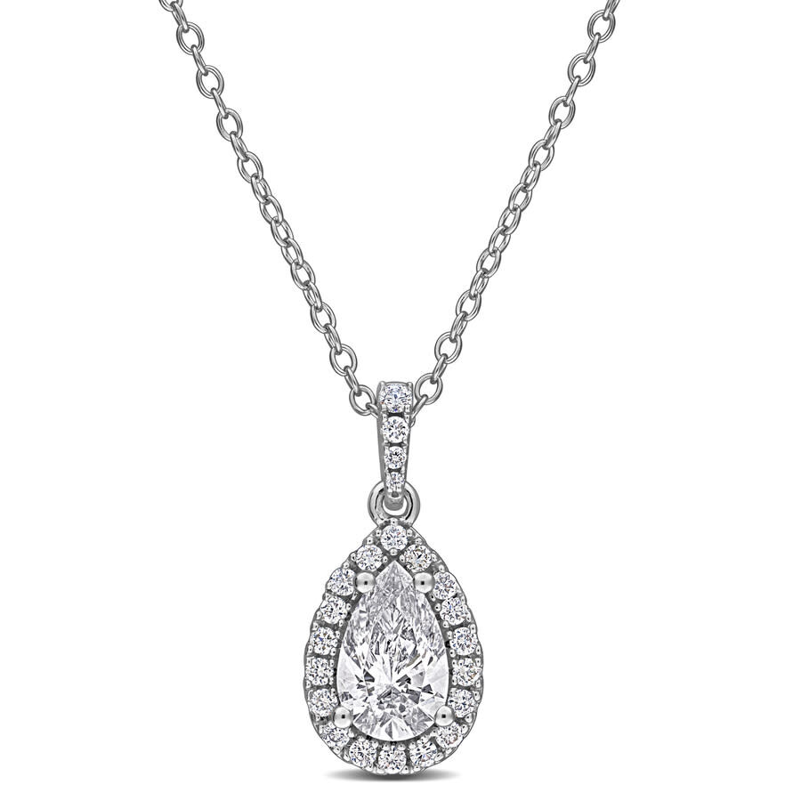 1CT TGW Pear-Shaped and Round-Cut Lab Grown Diamond Halo Pendant with Chain in Sterling Silver - 17 in