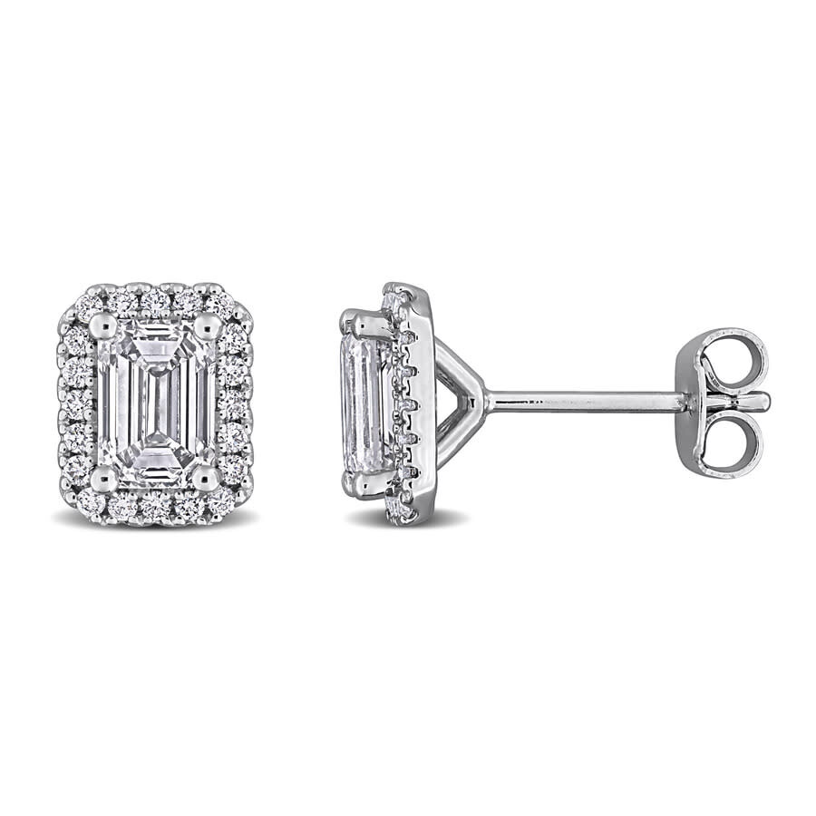 2 CT Emerald and Round Lab Grown Diamonds TW Fashion Post Earrings Silver