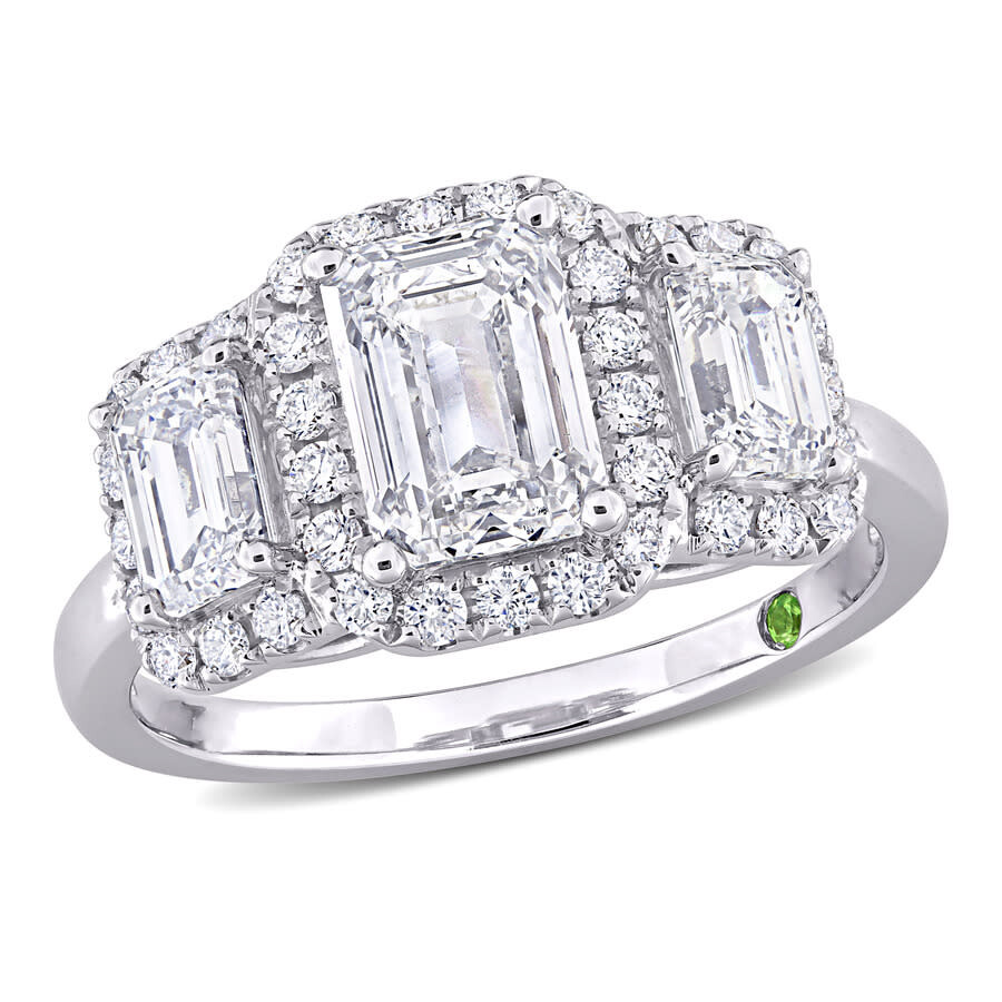 Created Forever 3ct Tdw Emerald-cut Lab-created Diamond And Tsavorite Accent 3-stone Ring In 14k Whi In White