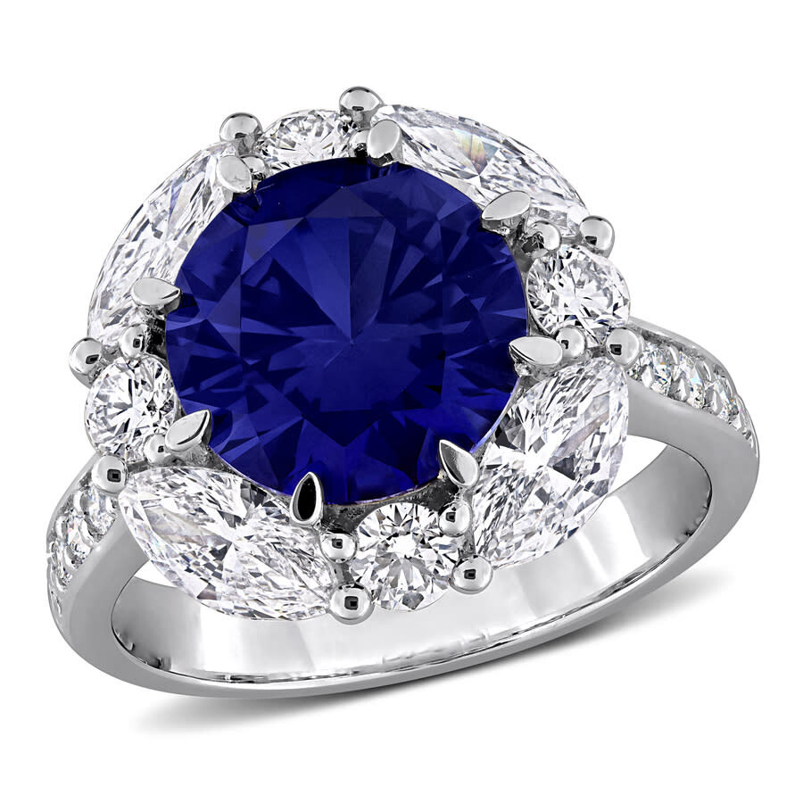 Created Forever 4 3/4ct Tgw Created Blue Sapphire And 2ct Tw Lab Grown Diamond Halo Ring In Sterling In Metallic