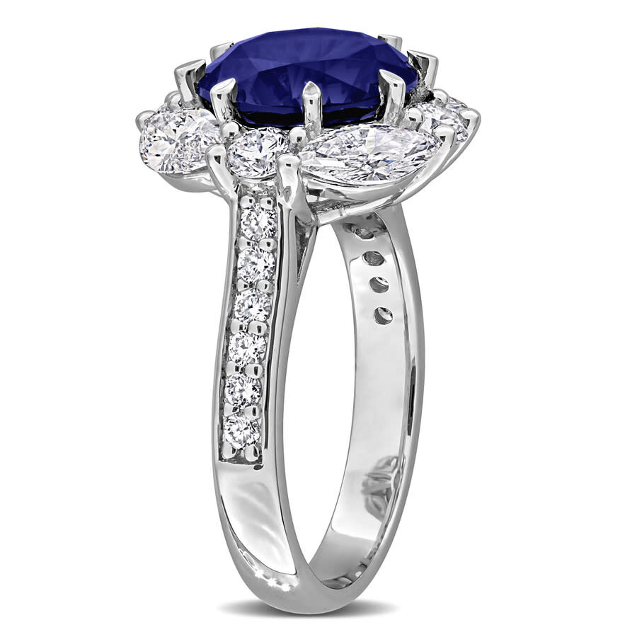 Created Forever 4 3/4ct Tgw Created Blue Sapphire And 2ct Tw Lab Grown Diamond Halo Ring In Sterling In Metallic