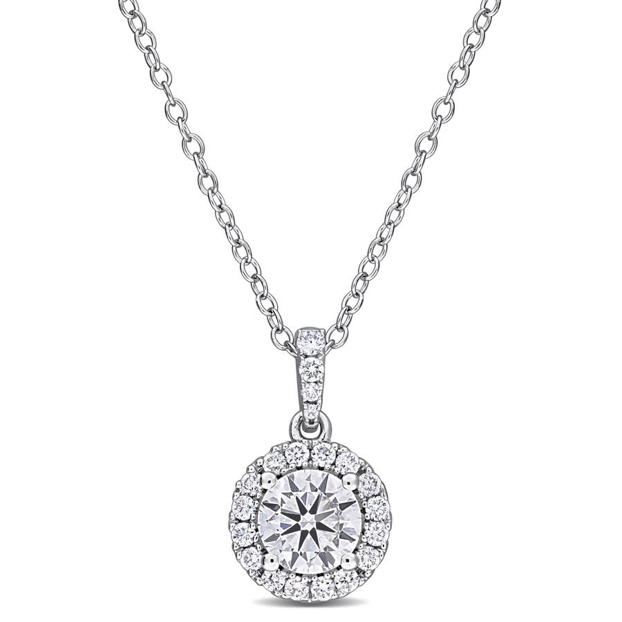 7/8CT TGW Lab Grown Diamond Halo Pendant with Chain in Sterling Silver - 17 in