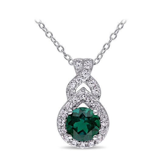 AMOUR Created White Sapphire and Created Emerald Teardrop Halo Pendant with Chain In Sterling Silver AMOUR Created White Sapphire and Created Emerald Teardrop Halo Pendant with Chain In Sterling Silver - 546x546