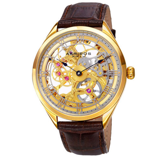 Akribos XXIV Gold Skeleton Dial Brown Leather Men display picture 2