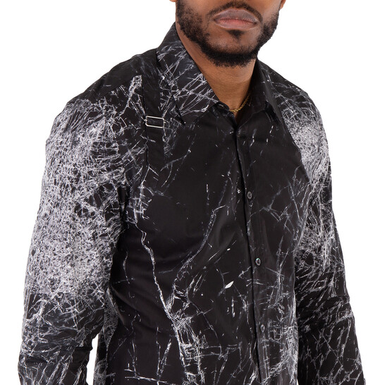 Alexander Mcqueen Men's Black Smashed Screen Print Shirt, Neck