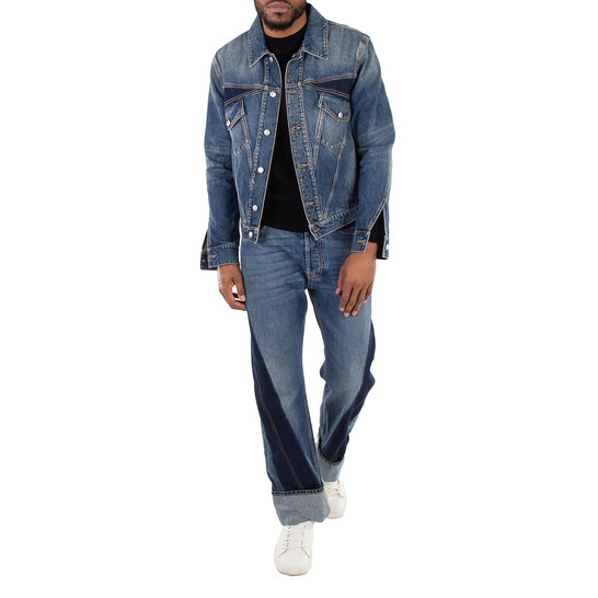 Alexander Mcqueen Men's Blue Washed Panelled Denim Jacket, Brand