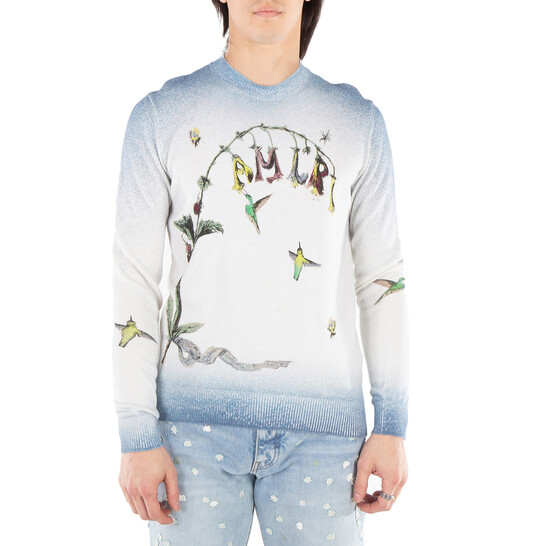 Amiri Men's Blue Embroidered Hummingbird Sweater, Size Small
