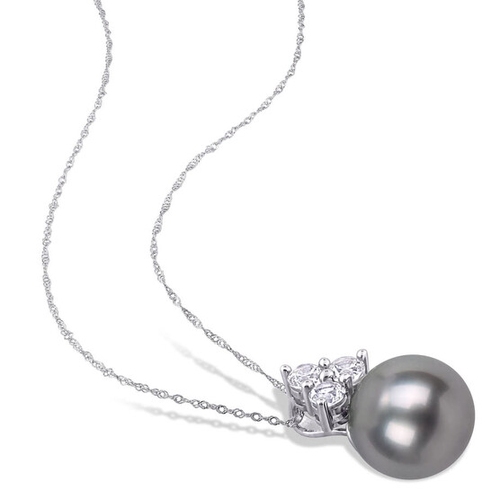 Amour 10k White Gold 3/4 Ct White Sapphire & Black Pearl Drop