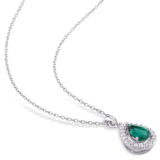 AMOUR 3 1/5 CT TGW Created Emerald and Created White Sapphire Teardrop Halo Pendant with Chain and Stud Earrings Set In Sterling Silver AMOUR 3 1/5 CT TGW Created Emerald and Created White Sapphire Teardrop Halo Pendant with Chain and Stud Earrings Set In Sterling Silver - 546x546 Image #3
