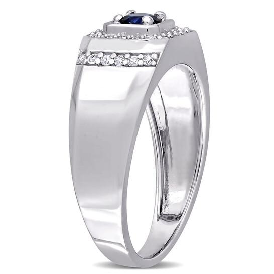 Forever New Baguette and Round Created White Sapphire and Oval Created Blue Sapphire Sterling Silver Men's Ring