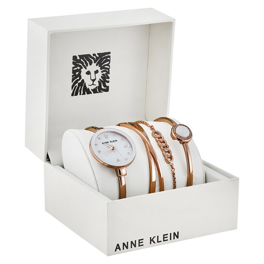 Anne Klein White Mother of Pearl Crystal Dial Ladies Watch Set AK