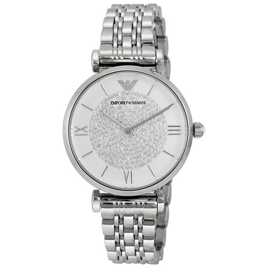 Armani White Crystal Pave Dial Stainless Steel Ladies Watch AR1925