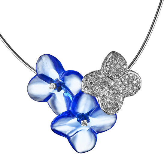 Baccarat Hortensia Sapphire Blue and Flower Pave Diamond Necklace