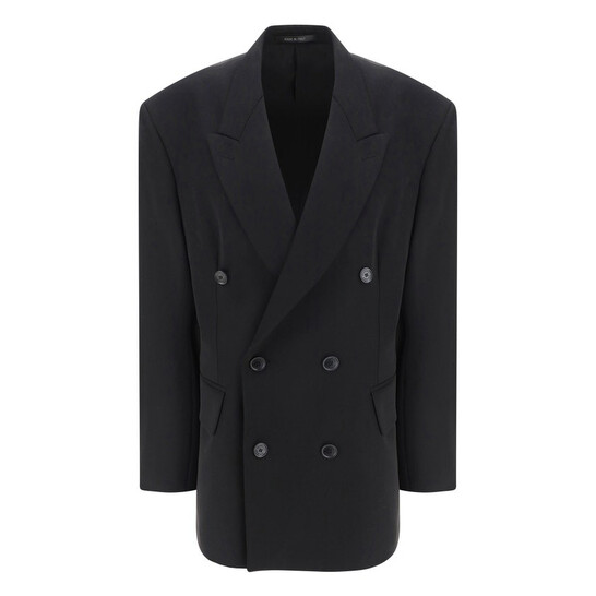 スーツ BALENCIAGA Women Outer 773357TNT39 1000 Black Balenciaga Double-Breasted Cinched Wool Blazer, Brand Size