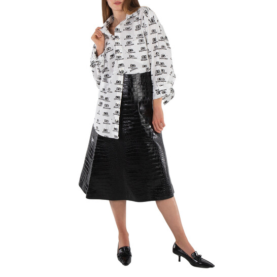 Balenciaga Ladies Black Crocodile-Effect A-Line Skirt, Brand