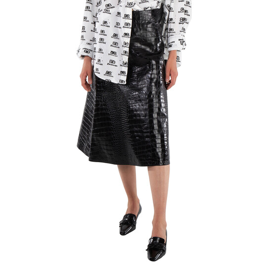 Balenciaga Ladies Black Crocodile-Effect A-Line Skirt, Brand Balenciaga Ladies Black Crocodile-Effect A-Line Skirt, Brand