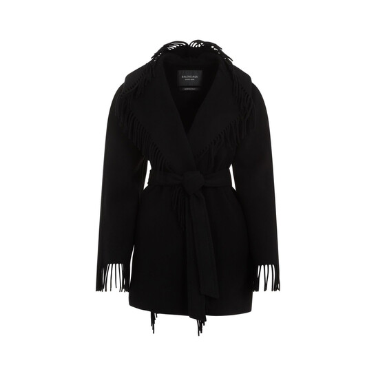 Balenciaga Ladies Black Fringed-Edge Hooded Cardi-Coat, Brand Size