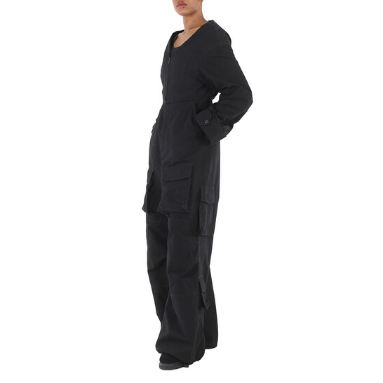 Balenciaga Ladies Black V-Neck Cotton Cargo Jumpsuit, Brand