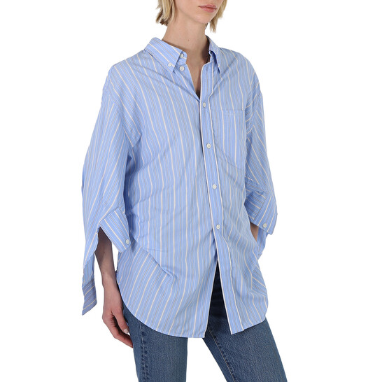 Balenciaga Skye Blue Pinstripe Poplin Swing Twisted Shirt