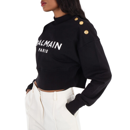 Balmain Cropped Sweatshirt With Balmain Paris Print, Size X-Small