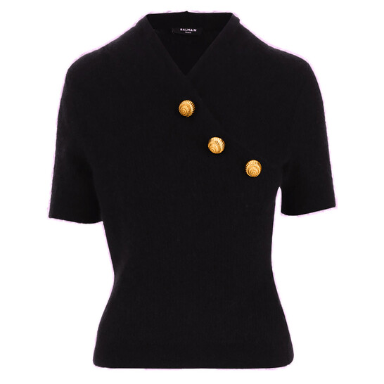 Balmain Embossed-Button Mohair Wrap Top, Brand Size 34 ( US Size 2