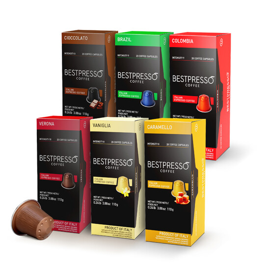 Bestpresso Coffee for Nespresso OriginalLine Machine 120 pods Certified Genuine Espresso Variety Pack mix Flavored and Dark roast, Pods Compatible wit - 546x546